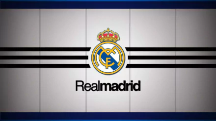 HD desktop wallpaper featuring the logo of Real Madrid C.F. on a stylized blue and white background.