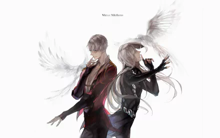 HD wallpaper featuring characters from Yuri!!! on ICE, depicting two individuals in dramatic, dynamic poses with ethereal wings.