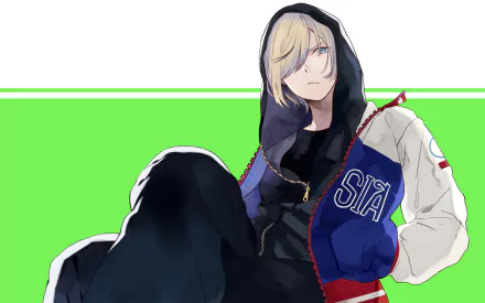 HD desktop wallpaper of Yuri!!! on ICE featuring an anime character in a hoodie with a green and white background.