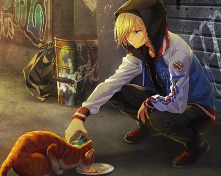 A HD desktop wallpaper featuring Yuri Plisetsky from the anime Yuri!!! on ICE, crouching in an alleyway and feeding a cat. The scene is detailed with urban elements like a trash can and graffiti.