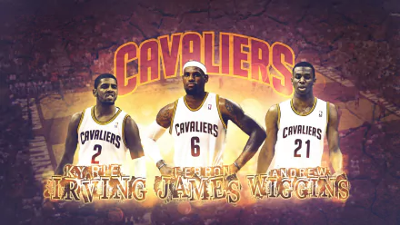 HD Cleveland Cavaliers desktop wallpaper featuring players Kyrie Irving, LeBron James, and Andrew Wiggins against a fiery backdrop.