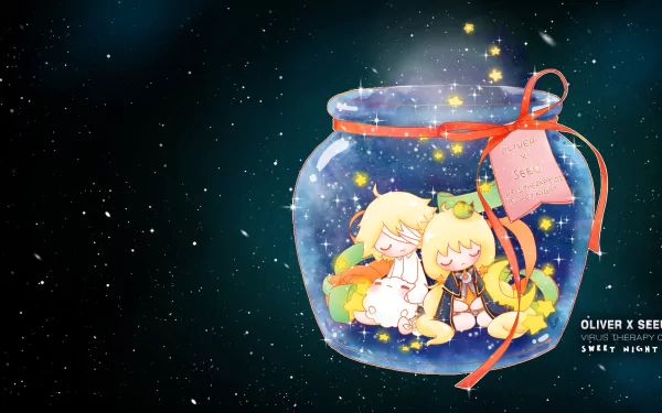 HD anime desktop wallpaper featuring SeeU and Oliver Vocaloid characters inside a glowing jar, surrounded by stars and sparkles against a dark background.