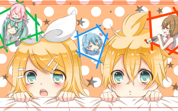 HD desktop wallpaper featuring chibi anime characters Luka Megurine, Meiko, Kaito, Hatsune Miku, Len Kagamine, and Rin Kagamine from Vocaloid, with an orange polka dot background.
