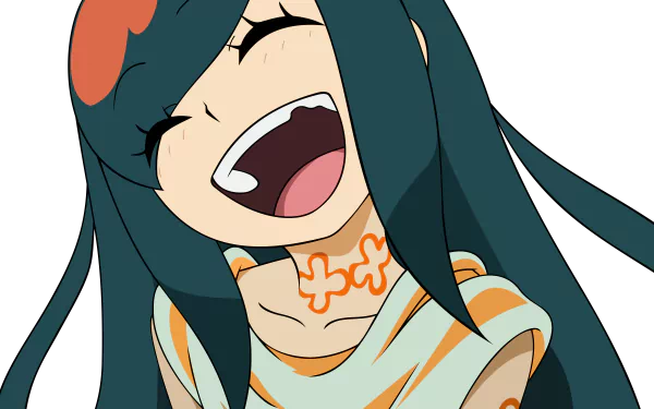 Rinne Higaki from Katanagatari anime depicted in vibrant 8K Ultra HD, showcasing her joyful expression with flowing dark hair on a PC desktop wallpaper.