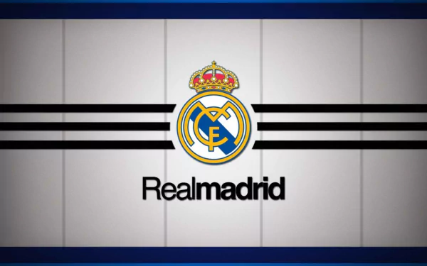HD desktop wallpaper featuring the logo of Real Madrid C.F. on a stylized blue and white background.