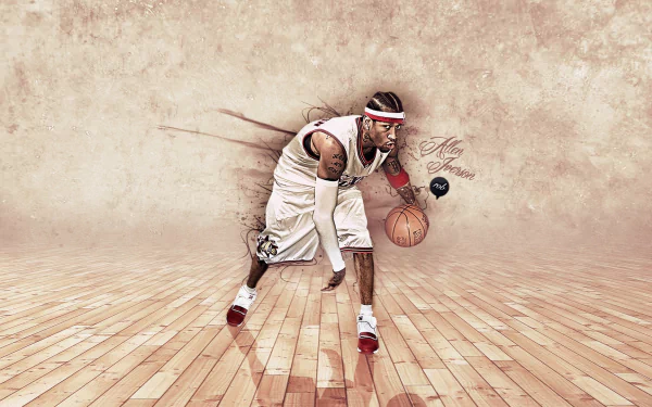 HD wallpaper of Allen Iverson dribbling a basketball on a stylized court background.