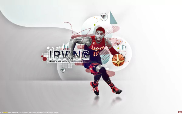 HD desktop wallpaper featuring basketball player Kyrie Irving in action, with a stylized graphic design background.