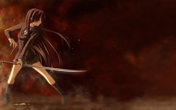 HD anime desktop wallpaper from Ga-Rei: Zero featuring a female character with long dark hair wielding a sword against a fiery, smoky background.