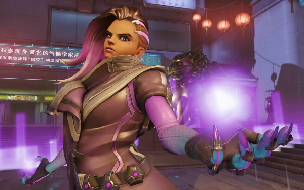 Sombra from Overwatch unleashes her hacking abilities in a vibrant 4K Ultra HD PC desktop wallpaper showcasing the video game’s dynamic cyberpunk aesthetic.