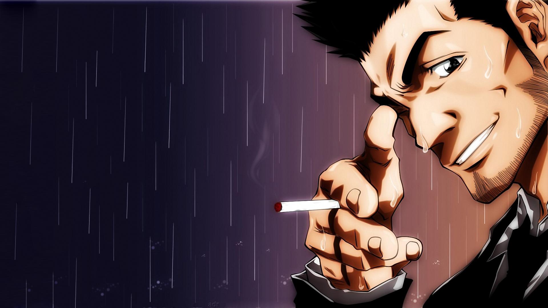 Anime eboy smoking in the rain