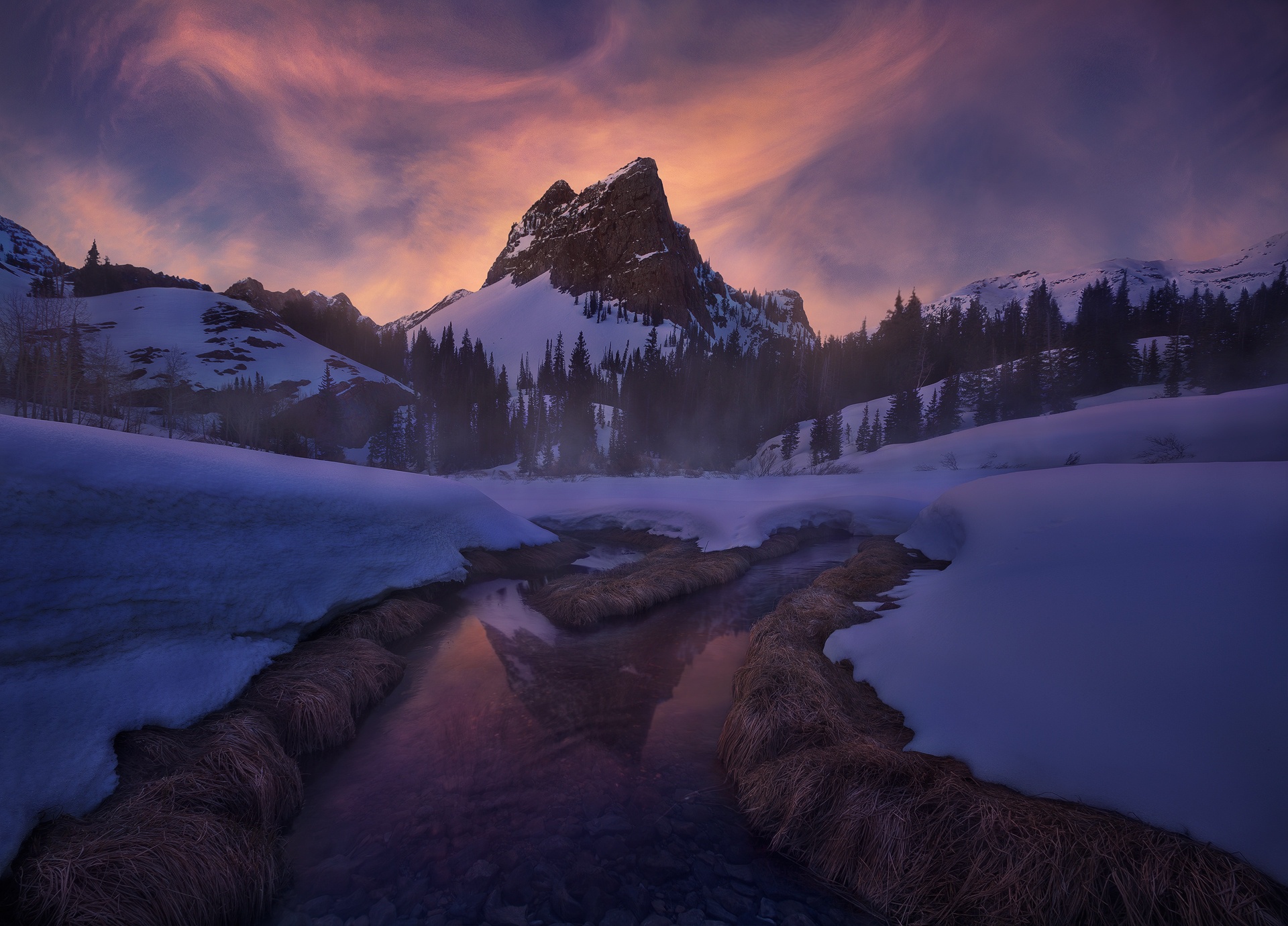 Download Mountain Snow Reflection Night Stream Nature Winter Winter