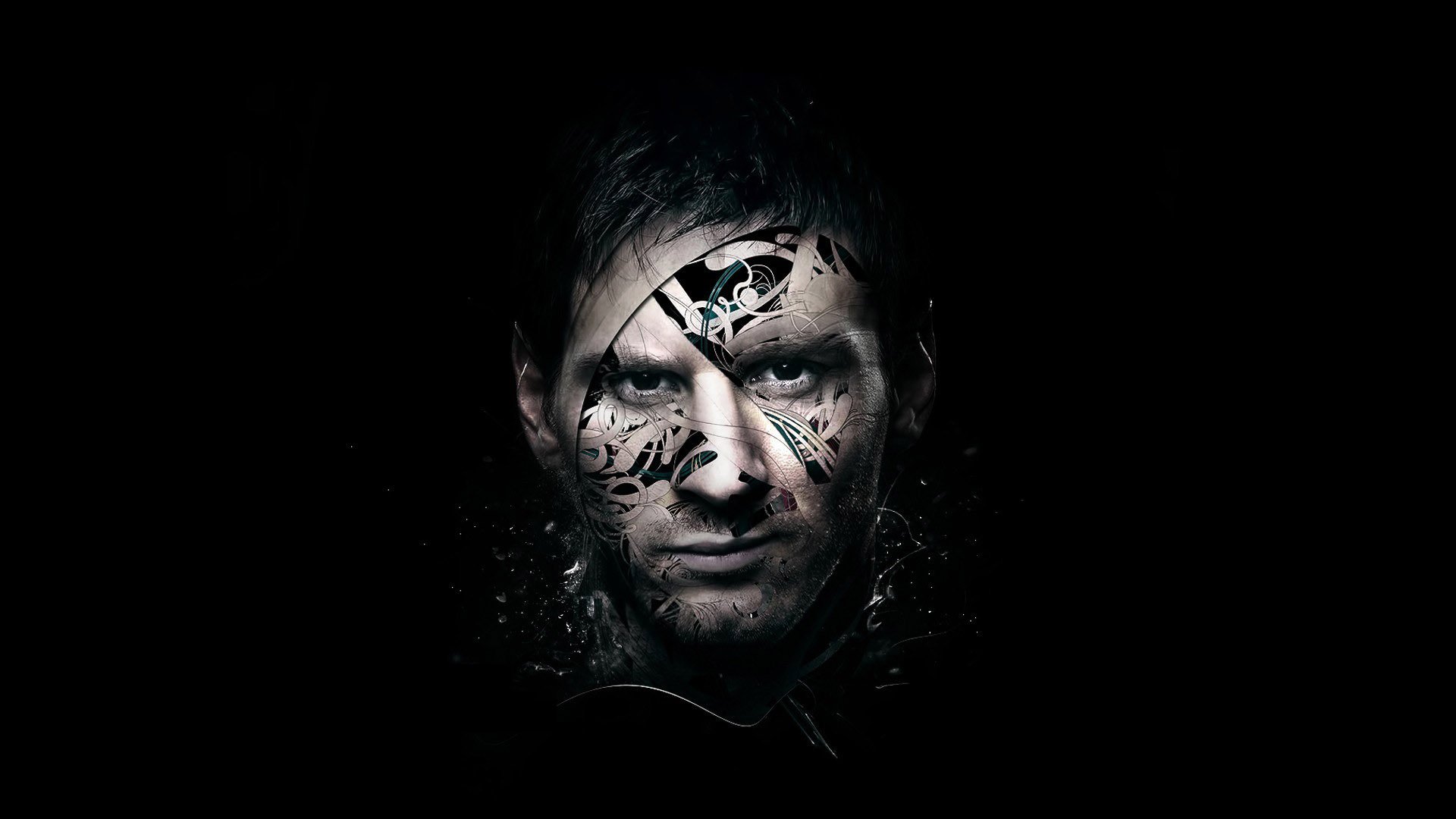 HD desktop wallpaper featuring a stylized artistic rendition of Lionel Messi against a dark background.