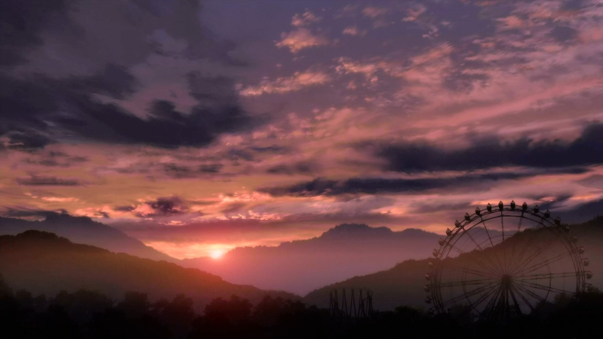HD anime desktop wallpaper from Another, featuring a moody sunset sky over misty mountains with a silhouetted ferris wheel on the right.