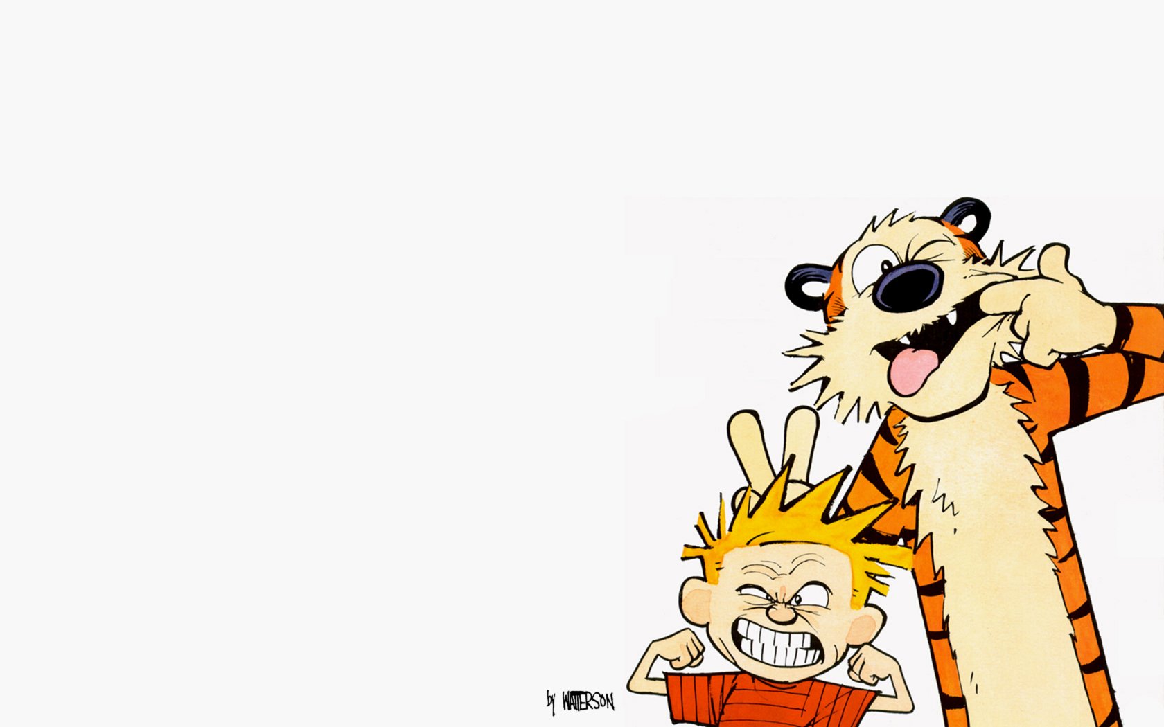 HD desktop wallpaper featuring Calvin and Hobbes from the classic comic strip, with Calvin making a silly face and Hobbes playfully posing beside him on a white background.