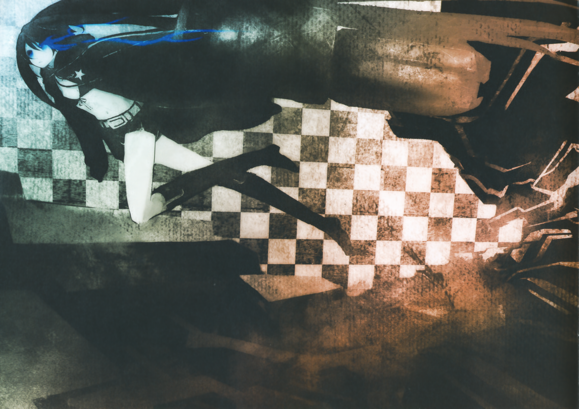 4K Ultra HD anime wallpaper featuring Black Rock Shooter with glowing blue eye and energy effects, set against a dark, textured background with checkerboard patterns.