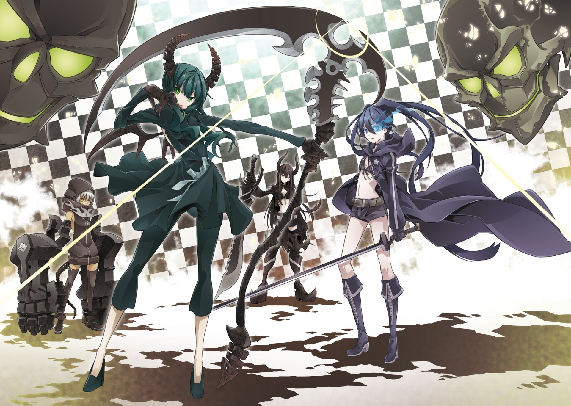 HD anime desktop wallpaper featuring Strength, Dead Master, and Black Gold Saw from Black Rock Shooter in dynamic battle poses with a checkered background.