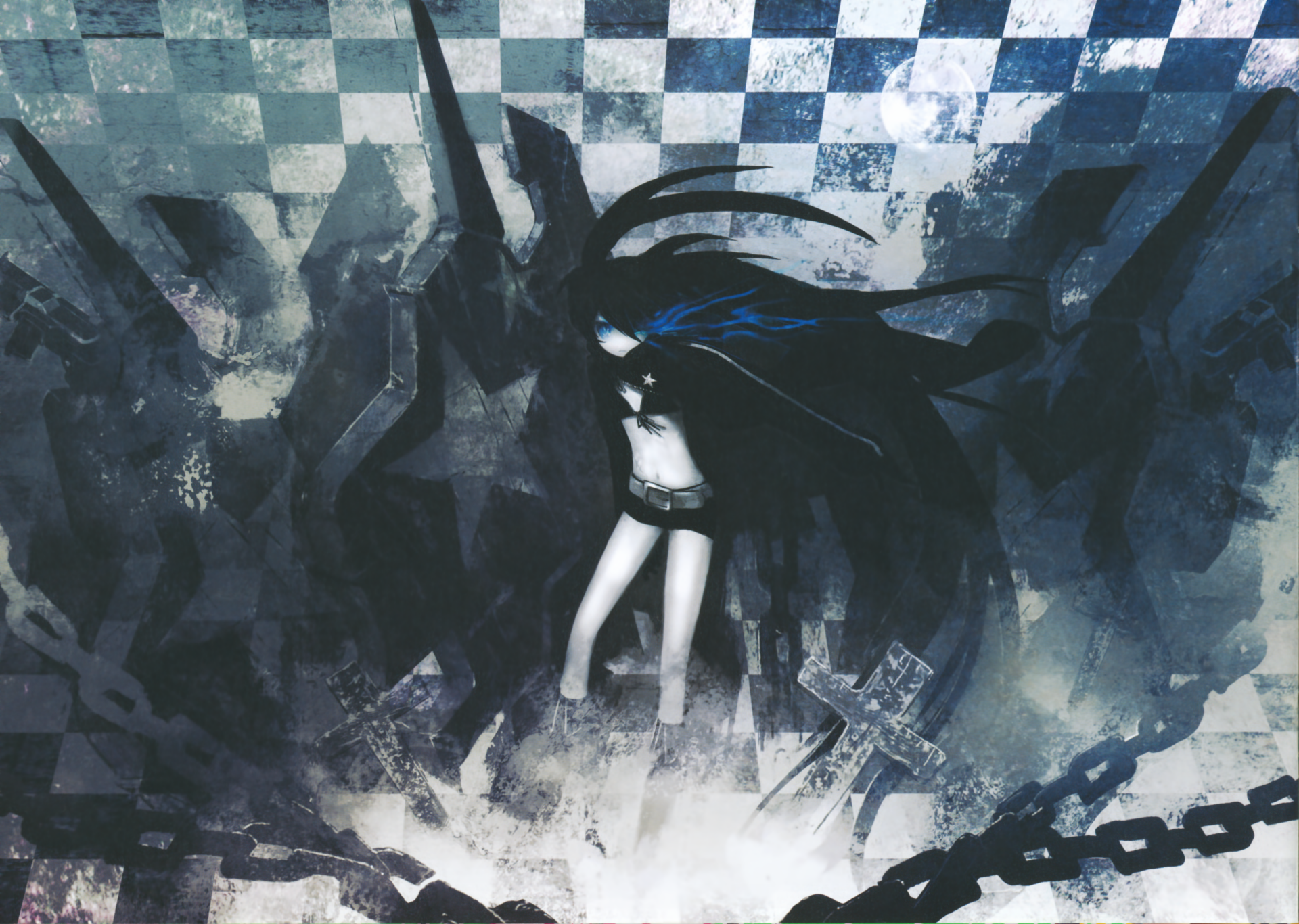 Anime-style Black Rock Shooter stands amidst dark chains and crosses in this intense 4K Ultra HD PC desktop wallpaper, blending vivid blues and deep shadows.