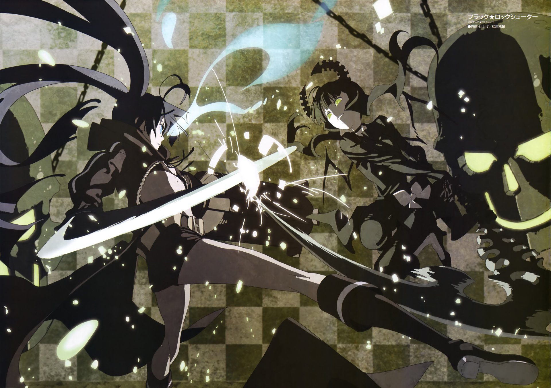 HD anime wallpaper featuring a dynamic battle scene between Dead Master and Black Rock Shooter, set against a detailed background with glowing effects.