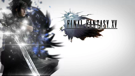 HD desktop wallpaper featuring Noctis Lucis Caelum from Final Fantasy XV with a stylized game logo and dynamic visual effects.