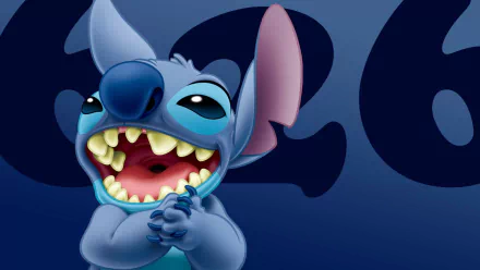 HD desktop wallpaper featuring the animated character Stitch from Lilo & Stitch with a joyful expression on a blue background.