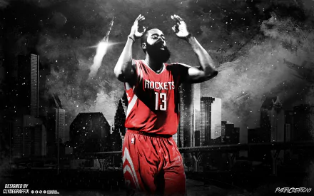 HD desktop wallpaper featuring James Harden in a Rockets jersey, with a stylized cityscape background and dynamic effects.