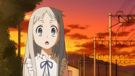 HD Anime desktop wallpaper from Anohana featuring a surprised girl with long white hair against a vibrant orange sunset sky and urban power lines background.
