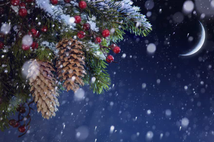 HD desktop wallpaper featuring a snowy night with a crescent moon, pine branches adorned with pine cones and red berries, creating a festive Christmas holiday scene.