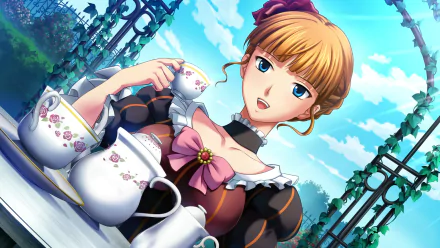 Beatrice (Umineko no Naku Koro ni) anime HD PC desktop wallpaper/background: Beatrice in an ornate dress pouring tea at a garden table under a bright blue sky — Umineko: When They Cry