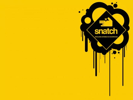 HD PC desktop wallpaper featuring a bold yellow background with black graphic elements and the Snatch movie logo at the center-right.