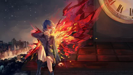 HD desktop wallpaper featuring Touka Kirishima from the anime Tokyo Ghoul, set against a dramatic cityscape with a clock in the background. Fiery kagune wings add a dynamic and intense atmosphere.