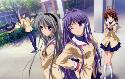 HD wallpaper featuring characters Youhei Sunohara, Kyou Fujibayashi, Nagisa Furukawa, Tomoya Okazaki, and Tomoyo Sakagami from the anime Clannad. The characters are in a school setting with vibrant backgrounds.