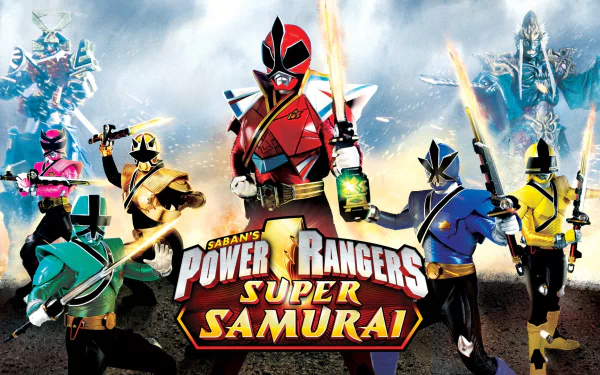 Dynamic HD wallpaper featuring the main characters from Power Rangers Super Samurai, showcasing vibrant suits and weapons against an action-packed backdrop.