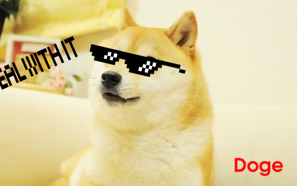 HD desktop wallpaper featuring a Shiba Inu with pixelated sunglasses and the text Doge in stylish font.