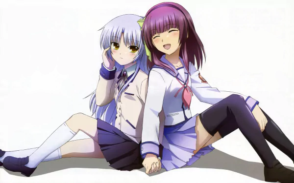 Anime wallpaper featuring Yuri Nakamura and Kanade Tachibana from Angel Beats! They are sitting together, smiling with a blush. Both wear school uniforms including headbands, skirts, and thigh-highs.