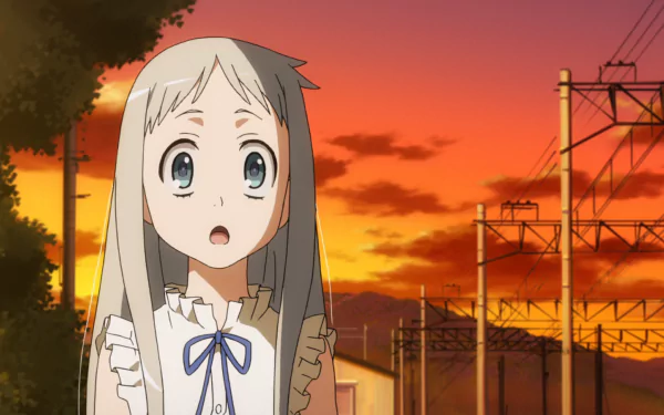 HD Anime desktop wallpaper from Anohana featuring a surprised girl with long white hair against a vibrant orange sunset sky and urban power lines background.