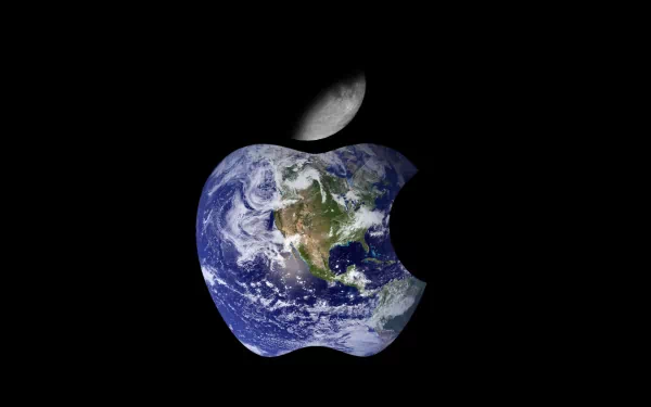 HD desktop wallpaper featuring the Apple Inc. logo with an Earth texture and a moon in the background, highlighting technology and innovation.