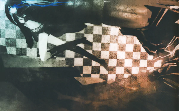 4K Ultra HD anime wallpaper featuring Black Rock Shooter with glowing blue eye and energy effects, set against a dark, textured background with checkerboard patterns.