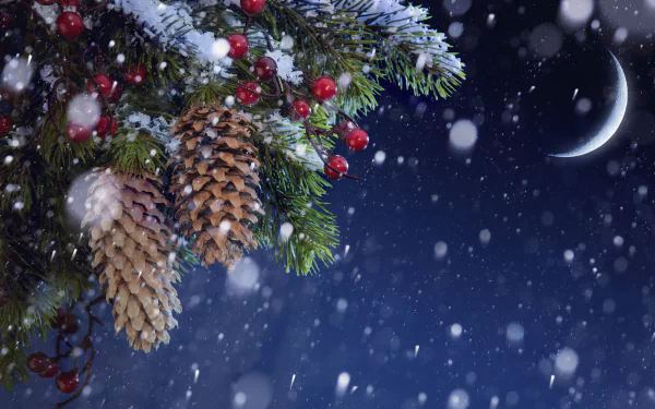 HD desktop wallpaper featuring a snowy night with a crescent moon, pine branches adorned with pine cones and red berries, creating a festive Christmas holiday scene.