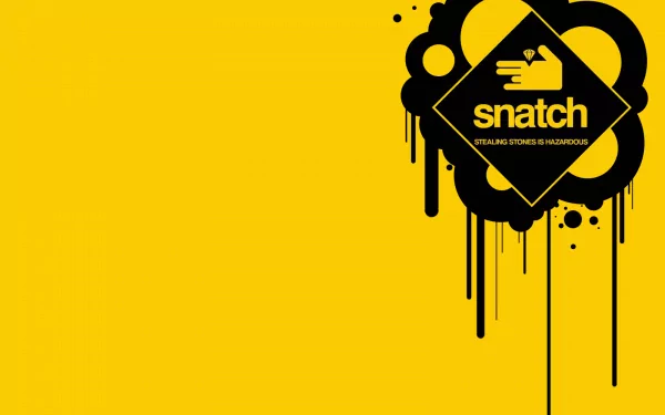 HD PC desktop wallpaper featuring a bold yellow background with black graphic elements and the Snatch movie logo at the center-right.
