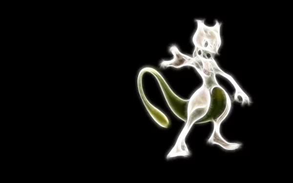 Shiny Mewtwo from Pokémon stands in a striking pose against a black background, creating a bold HD desktop wallpaper for video game enthusiasts.