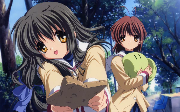Fuuko Ibuki and Nagisa Furukawa from Clannad featured in a vibrant 4K Ultra HD anime wallpaper set in a sunlit forest.