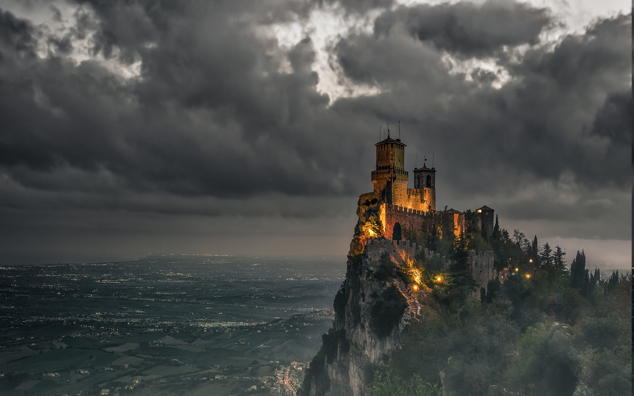 Towers of San Marino under Dark Clouds
