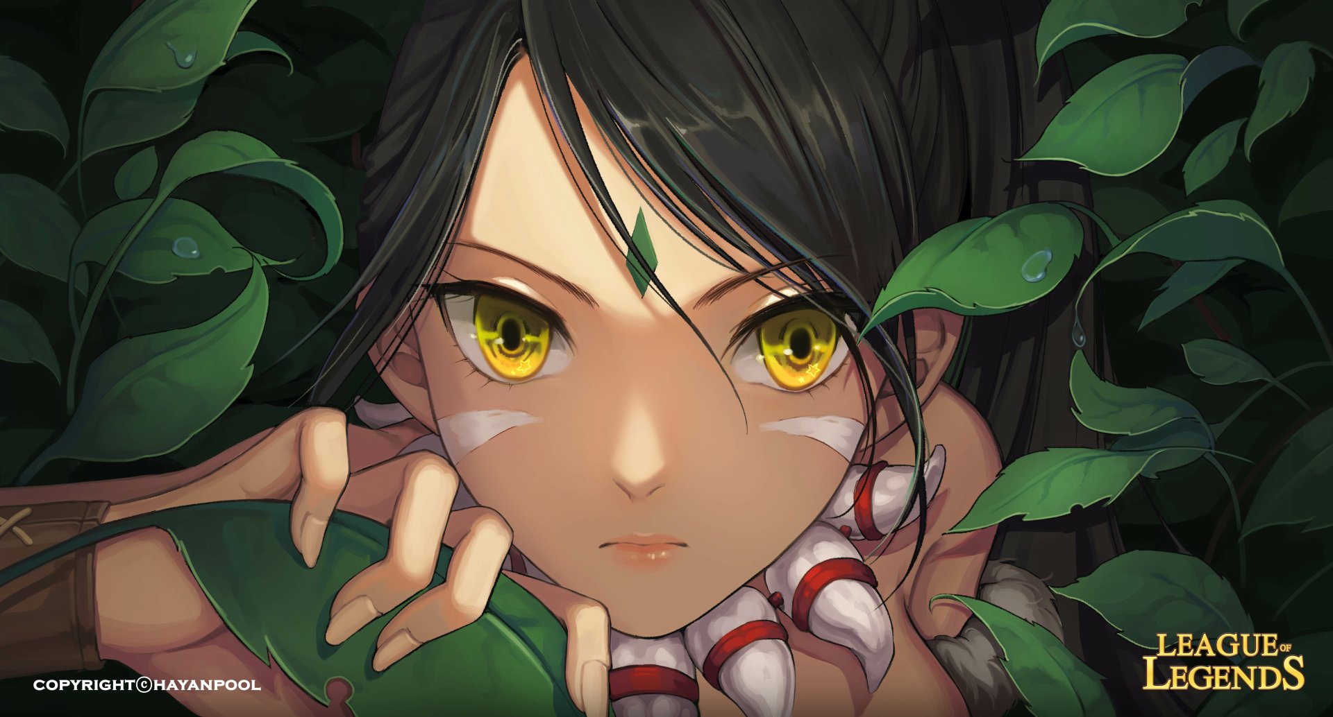 HD desktop wallpaper featuring Nidalee from League of Legends, with intense yellow eyes gazing through lush green leaves. League of Legends logo visible in the corner.