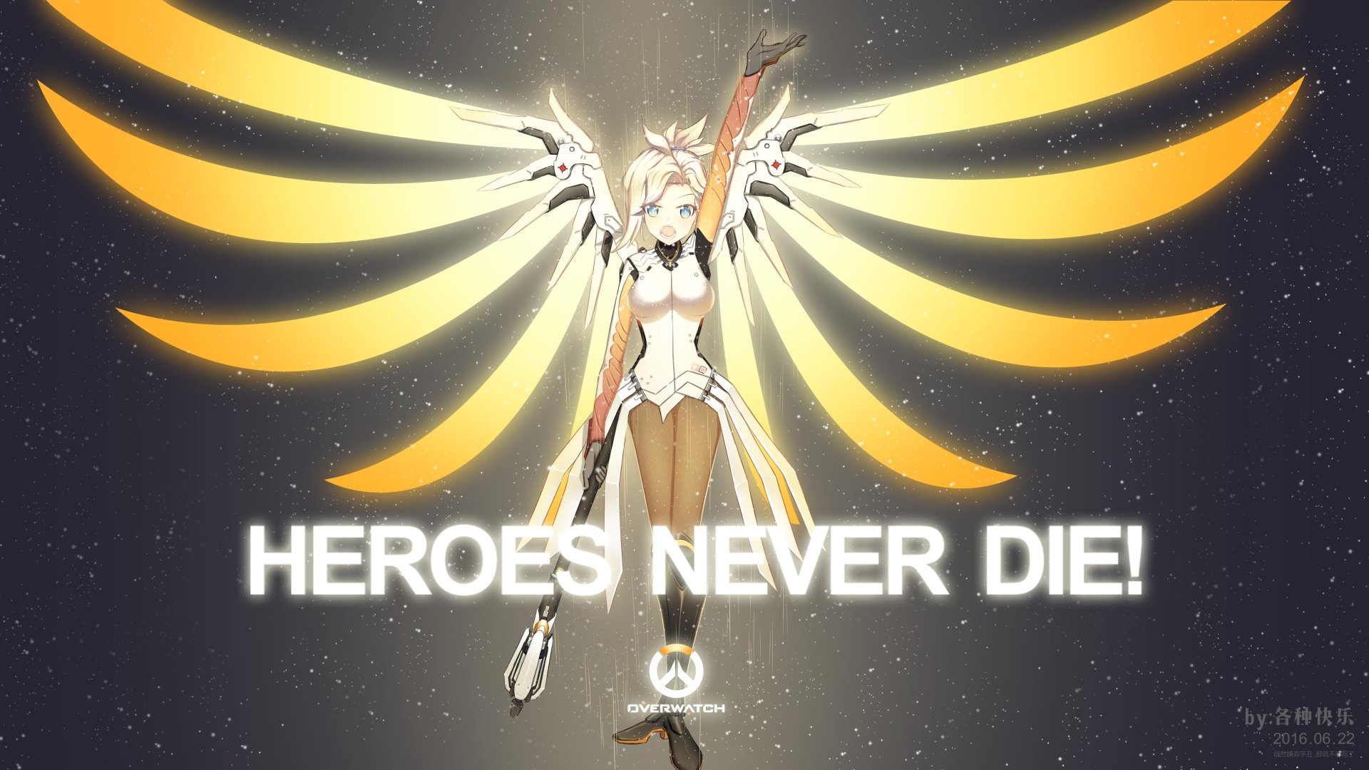 4K Ultra HD PC wallpaper featuring Mercy from Overwatch with glowing golden wings and the phrase HEROES NEVER DIE! against a dark starry background.