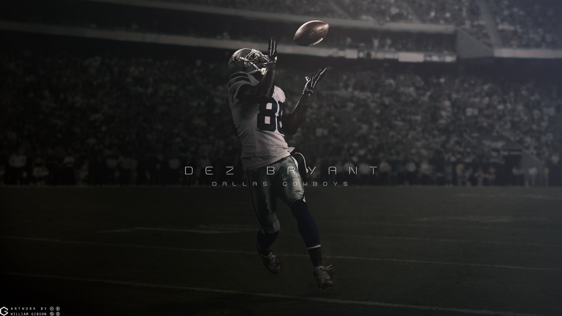 HD desktop wallpaper featuring an action shot of a football player mid-catch, with DEZ BRYANT text overlay and a dark, atmospheric stadium background.