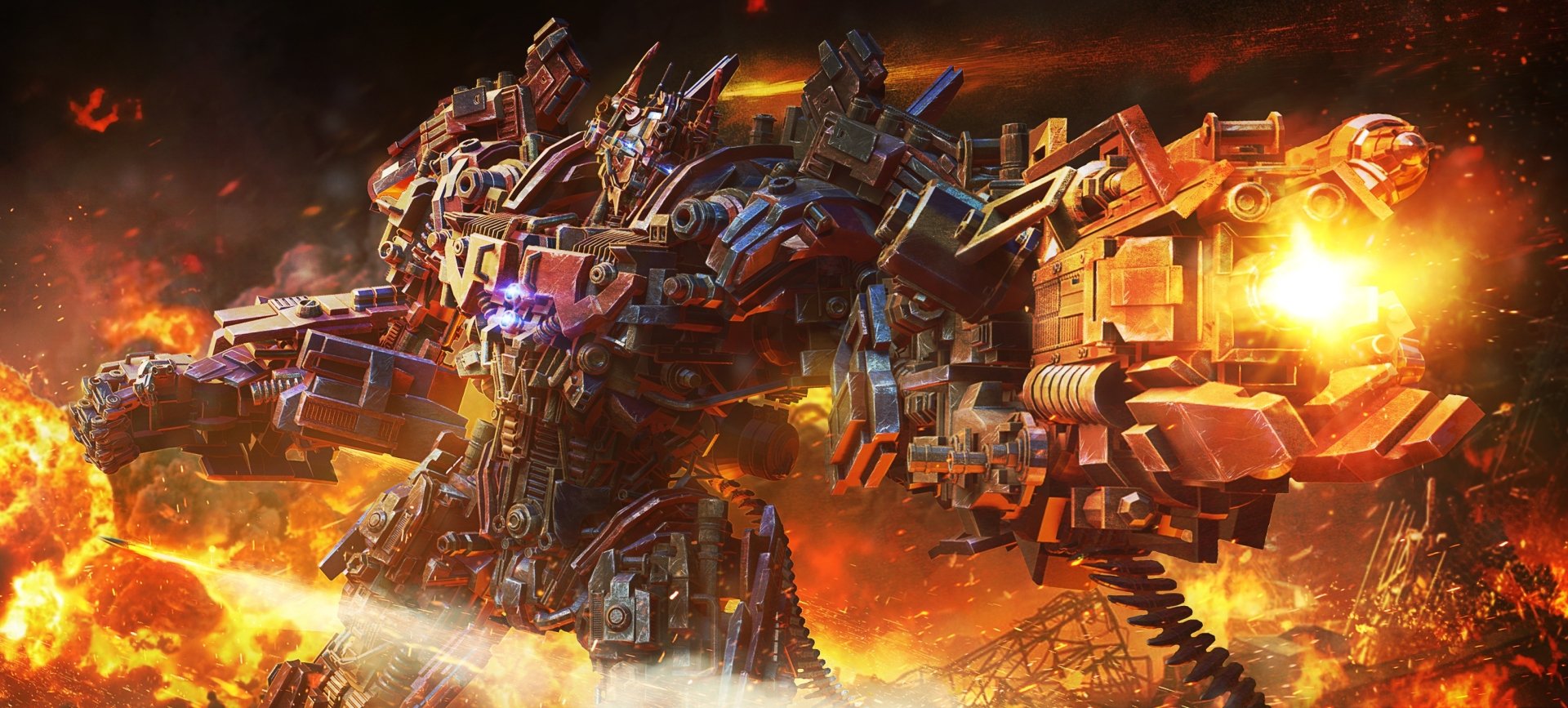 HD PC desktop wallpaper: sci‑fi battle scene of a giant weaponized robot firing through flames over a burning, war-torn landscape.