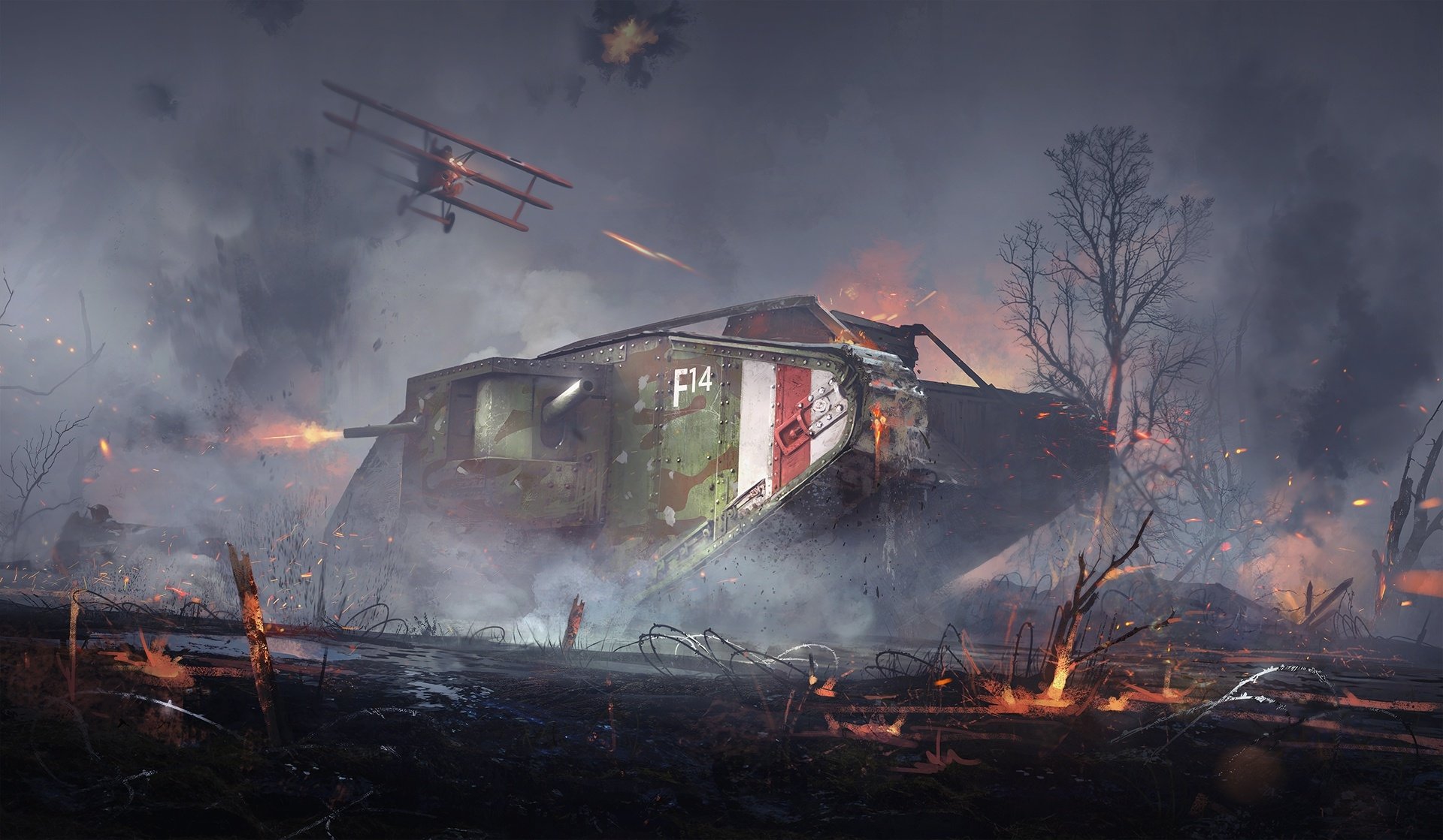 HD wallpaper of a dramatic Battlefield 1 scene featuring a tank amidst a war-torn landscape, with an explosion and a biplane in the smoky, chaotic backdrop.