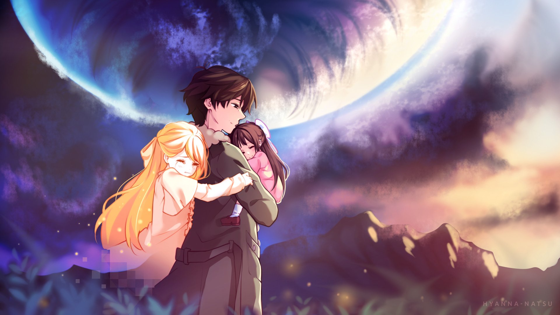 HD anime wallpaper featuring Shelter characters Rin and others in an emotional embrace under a dramatic night sky with a large planet in the background.