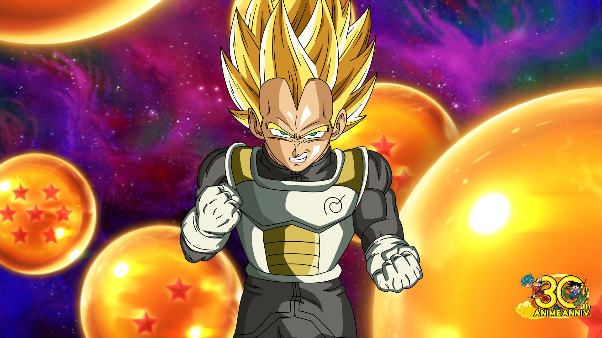 Vegeta from Dragon Ball Super in Super Saiyan form with clenched fists, set against a vibrant cosmic background featuring glowing Dragon Balls, in HD anime style.