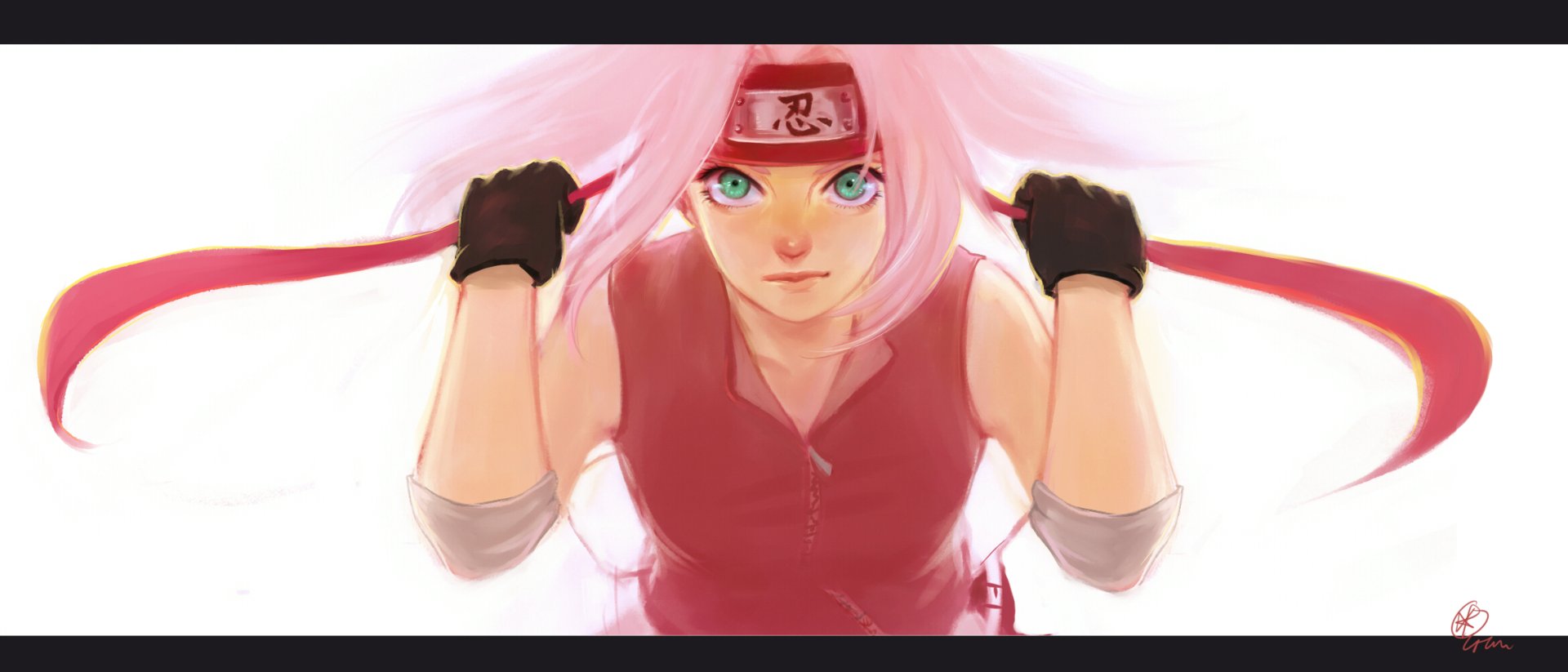 HD desktop wallpaper featuring Sakura Haruno from the anime Naruto. She is depicted in a dynamic pose, wearing her iconic sleeveless outfit and headband, with a determined expression.